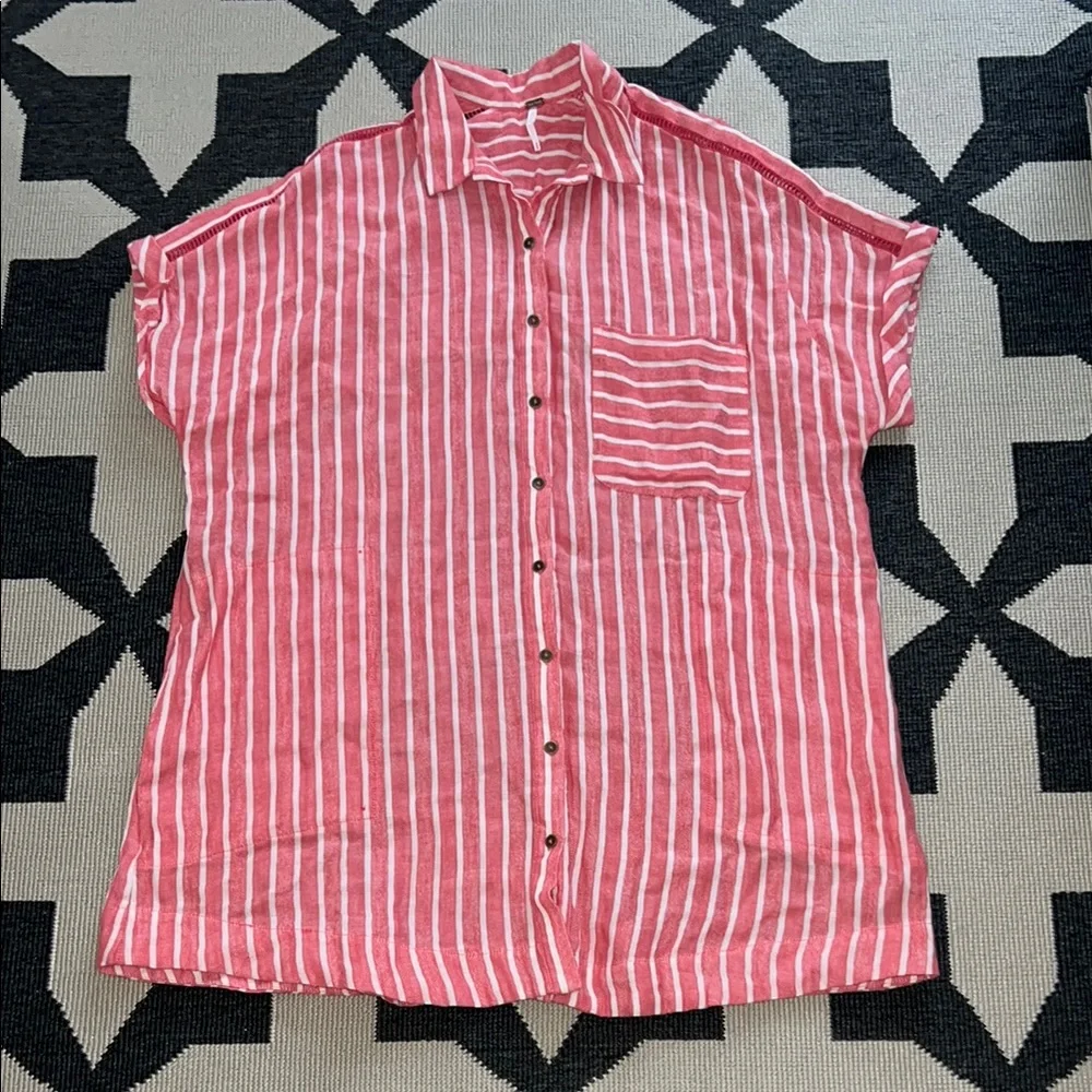 Free People Little Sway Coral Red Striped Button Down Shirt Dress
